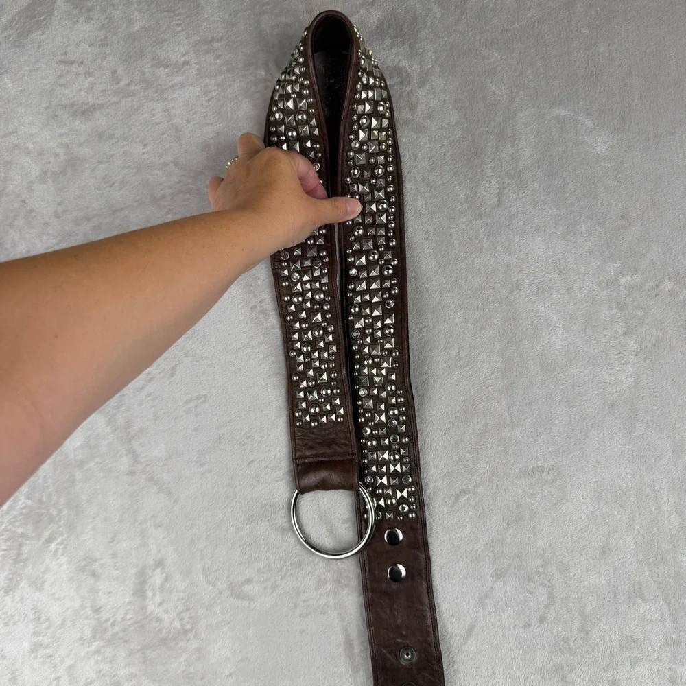 y2k Brown Leather Studded Wide Waist Belt Silver Pyramid Rivet Crystal 35in